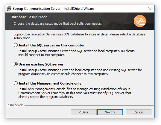 Select to install Bopup Communication Server with a remote SQL server